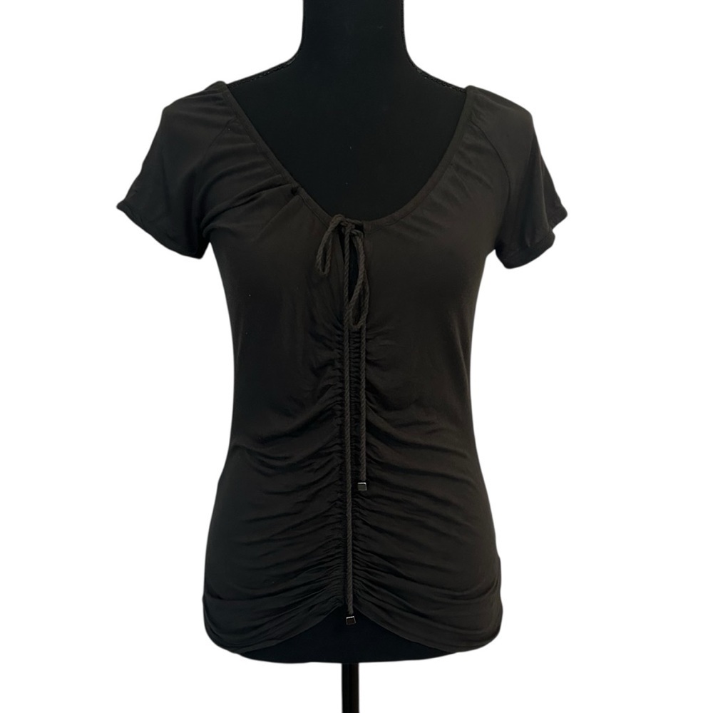 Essentiel Antwerp Blouse Ruched Drawstring Black Short Sleeve Size 2 Extra Small